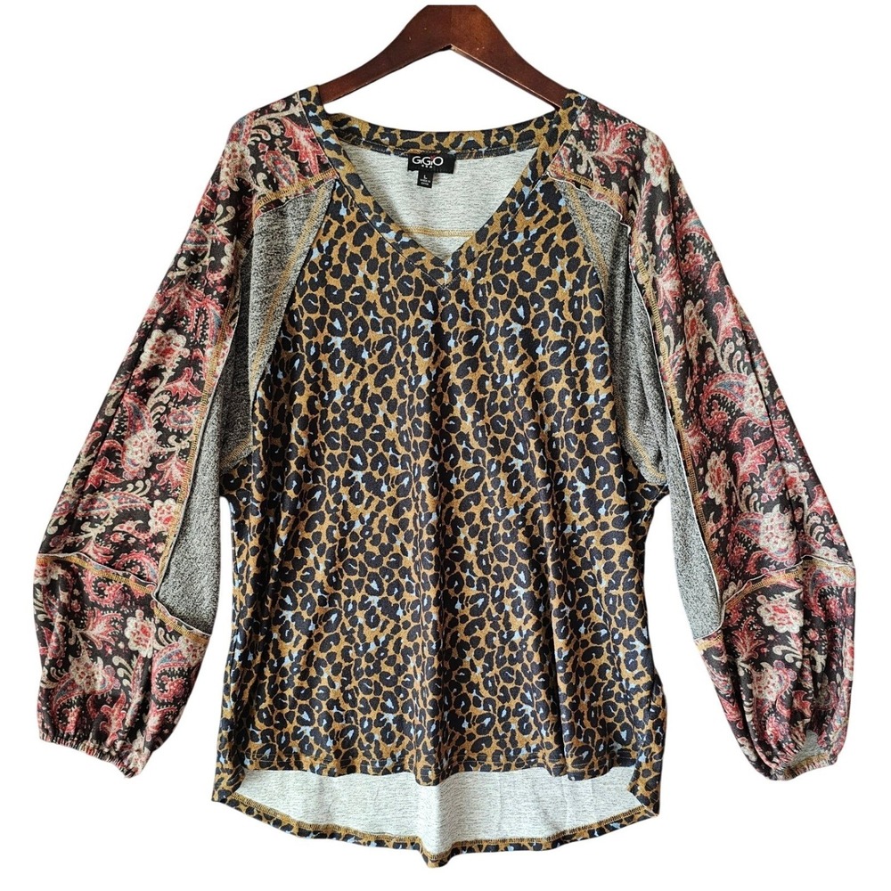 GiGiO Womens Leopard Floral Mixed Print V-Neck Balloon Sleeve Boho Top Large